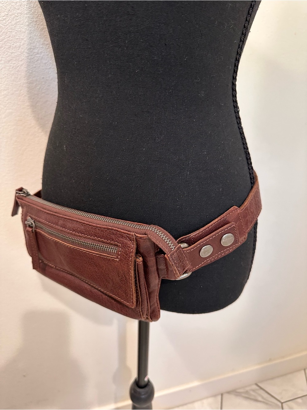 Spikes & Sparrow Brown Leather Crossbody Belt Bag with Front Zip Pocket